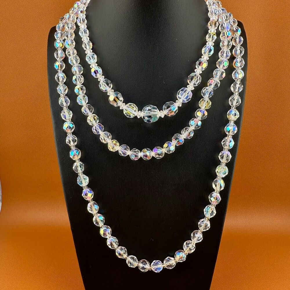 Aurora Borealis Crystal Necklace Lot Clear Faceted Glass Bead 1 Graduated Vtg